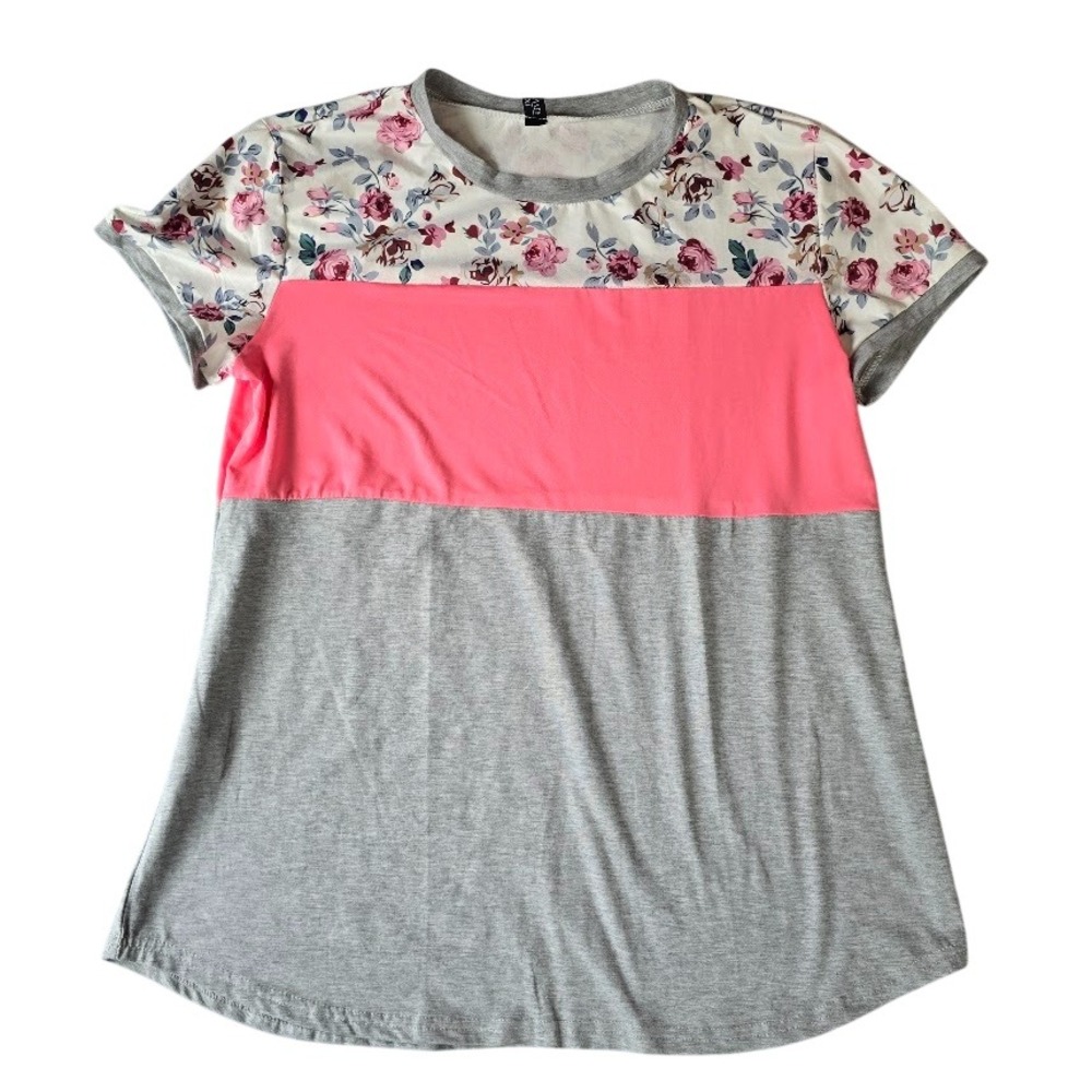 Fleasee Colorblock Floral T-Shirt Womens XXL Gray Pink Mixed Media Cottagecore‎